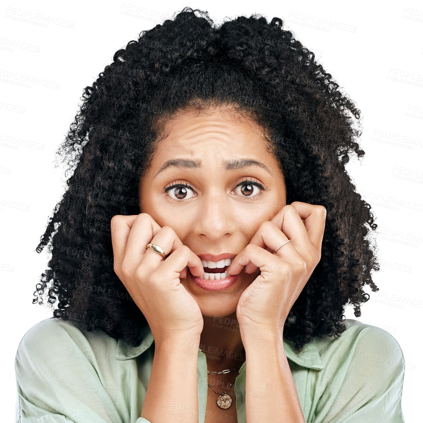 Buy stock photo Bite nails, portrait and woman with anxiety isolated on png transparent background with worry, doubt and uncertain. Scared, face and person worried, anxious and unsure for problem, crisis and choice