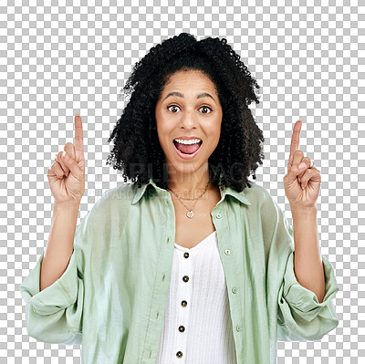 Buy stock photo Wow, news and portrait of woman with hand pointing up in studio on isolated, transparent and png background. Announcement, surprise and face of female model show results, feedback or info promotion