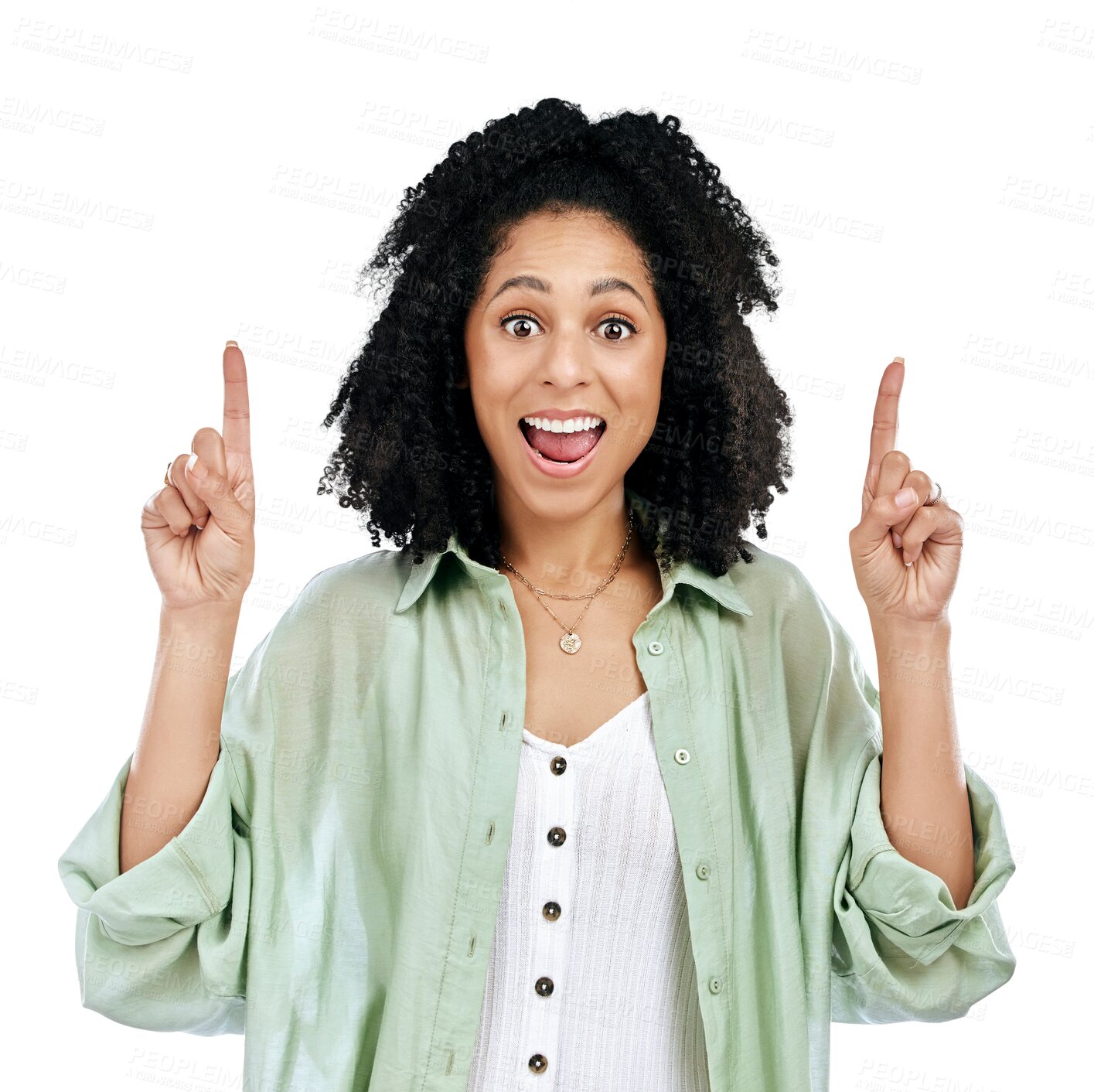 Buy stock photo Wow, news and portrait of woman with hand pointing up in studio on isolated, transparent and png background. Announcement, surprise and face of female model show results, feedback or info promotion