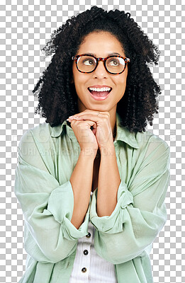 Buy stock photo Excited, thinking and woman with happy idea or problem solving, question and person isolated on a transparent background. Model, png and girl glasses or solution for planning, thoughts or opportunity