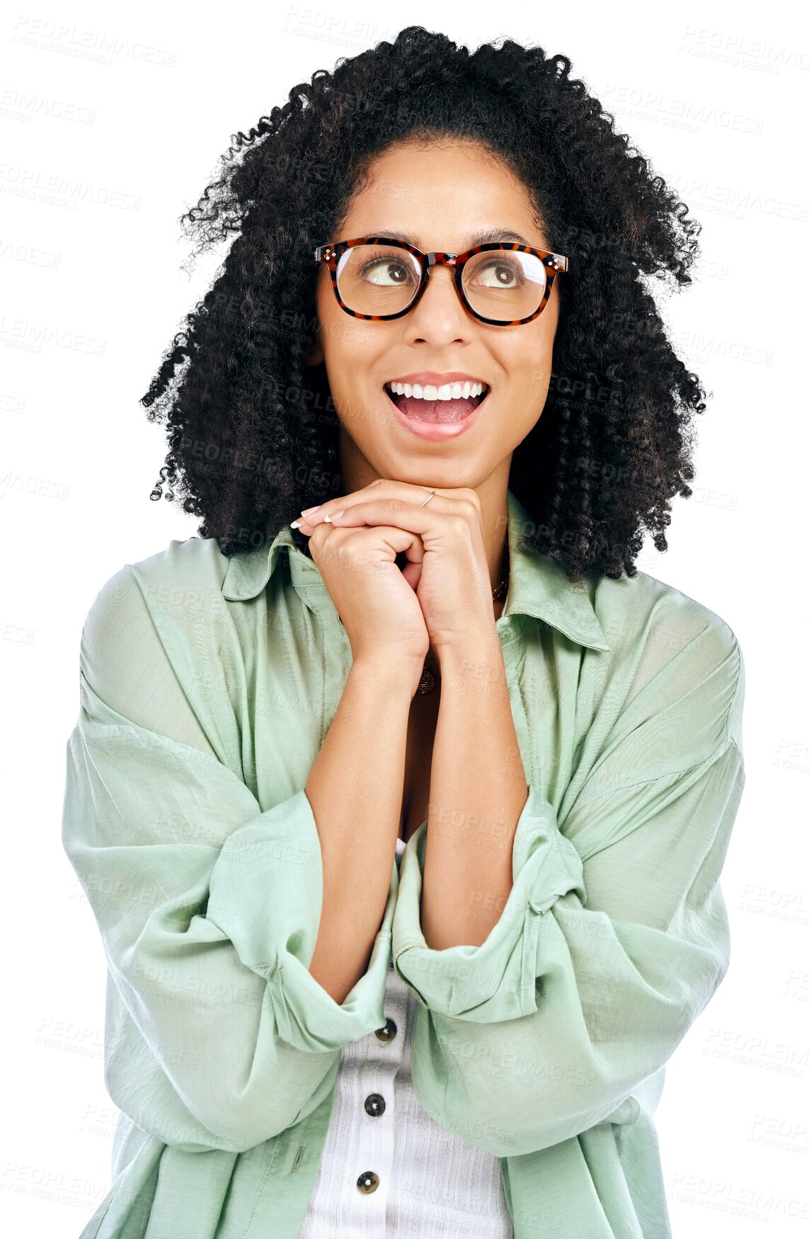 Buy stock photo Excited, thinking and woman with happy idea or problem solving, question and person isolated on a transparent background. Model, png and girl glasses or solution for planning, thoughts or opportunity