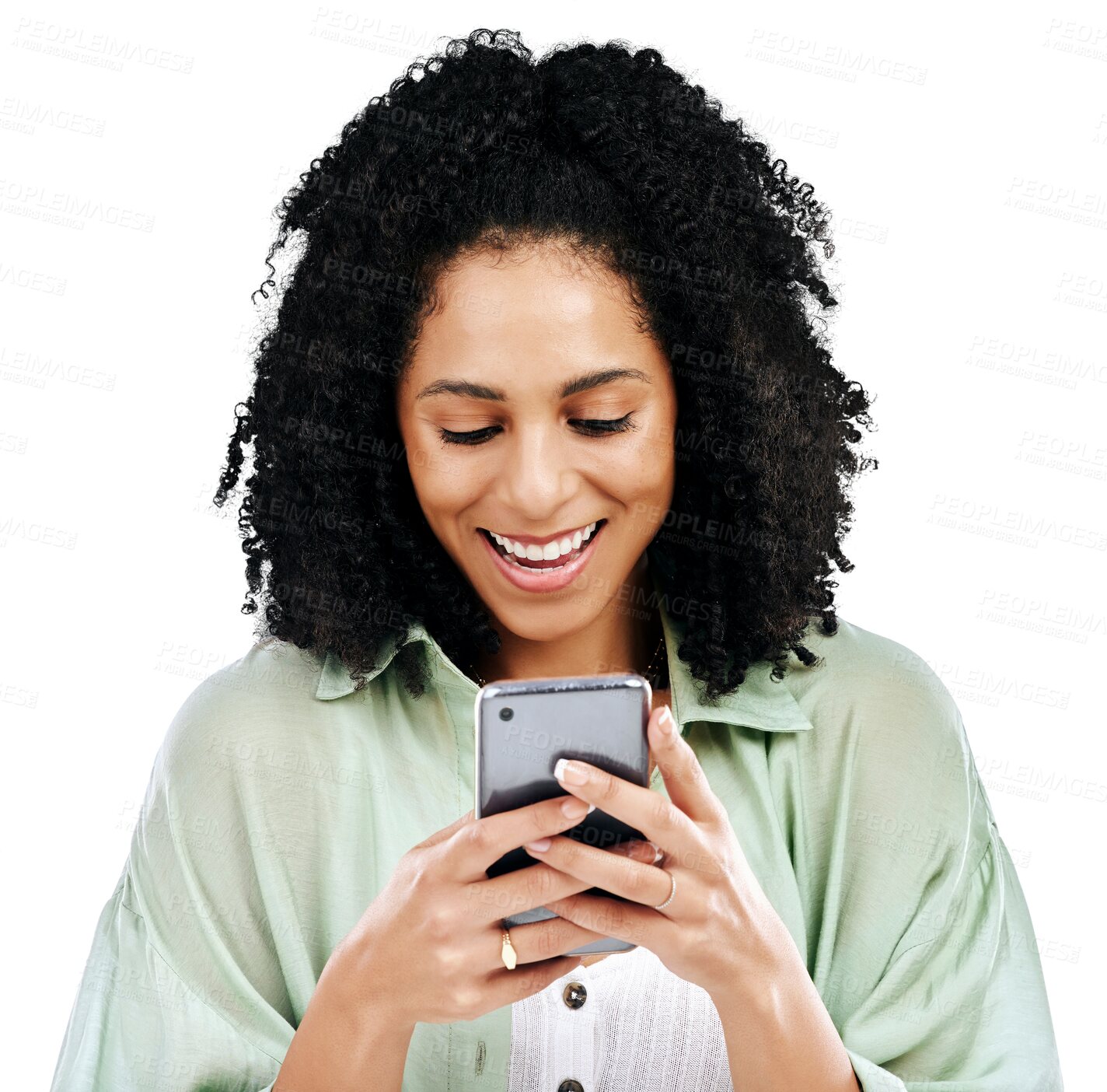 Buy stock photo Happy woman, phone and communication for networking or social media isolated on a transparent PNG background. Female person smile with mobile smartphone for online search, chatting app or texting