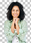 Thinking, smile and hope with a woman in studio isolated on a wh