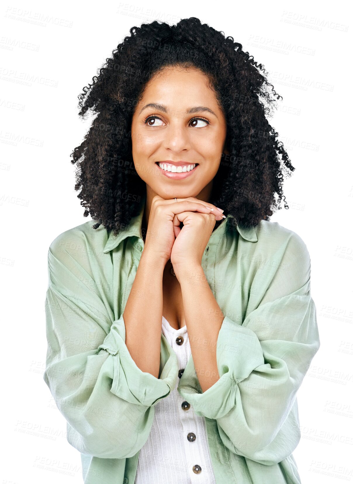 Buy stock photo Happy, thinking and woman with solution, question and person isolated on a transparent background. Model, png and girl with reaction, ideas and problem solving with planning, thoughts and excited