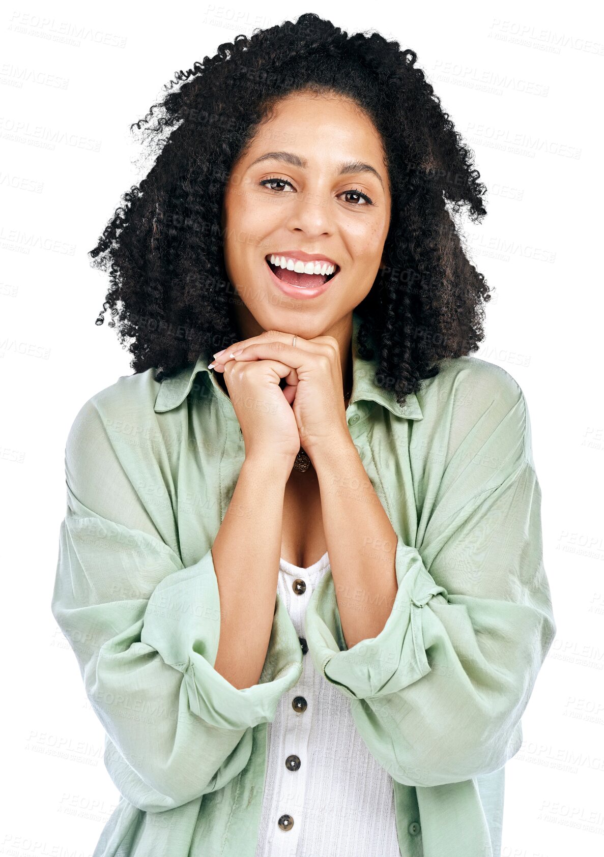 Buy stock photo Woman, portrait and smile for fashion or style trend, isolated on transparent png background. Female person, model and afro or face happy for cool clothes outfit or confident look, cheerful in Brazil