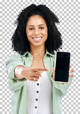 Buy stock photo Portrait, woman and pointing to phone, space and sign up offer isolated on transparent png background. Happy model advertising mobile announcement, newsletter or mockup promotion, deal or information