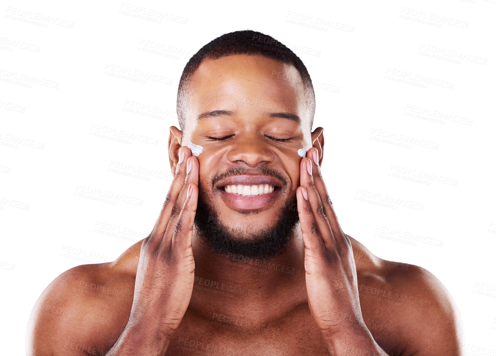 Buy stock photo Beauty, skincare and cream on face, black man and isolated on transparent png background. Facial, self care or dermatology with person for lotion, wellness or health for cosmetics, treatment or fresh