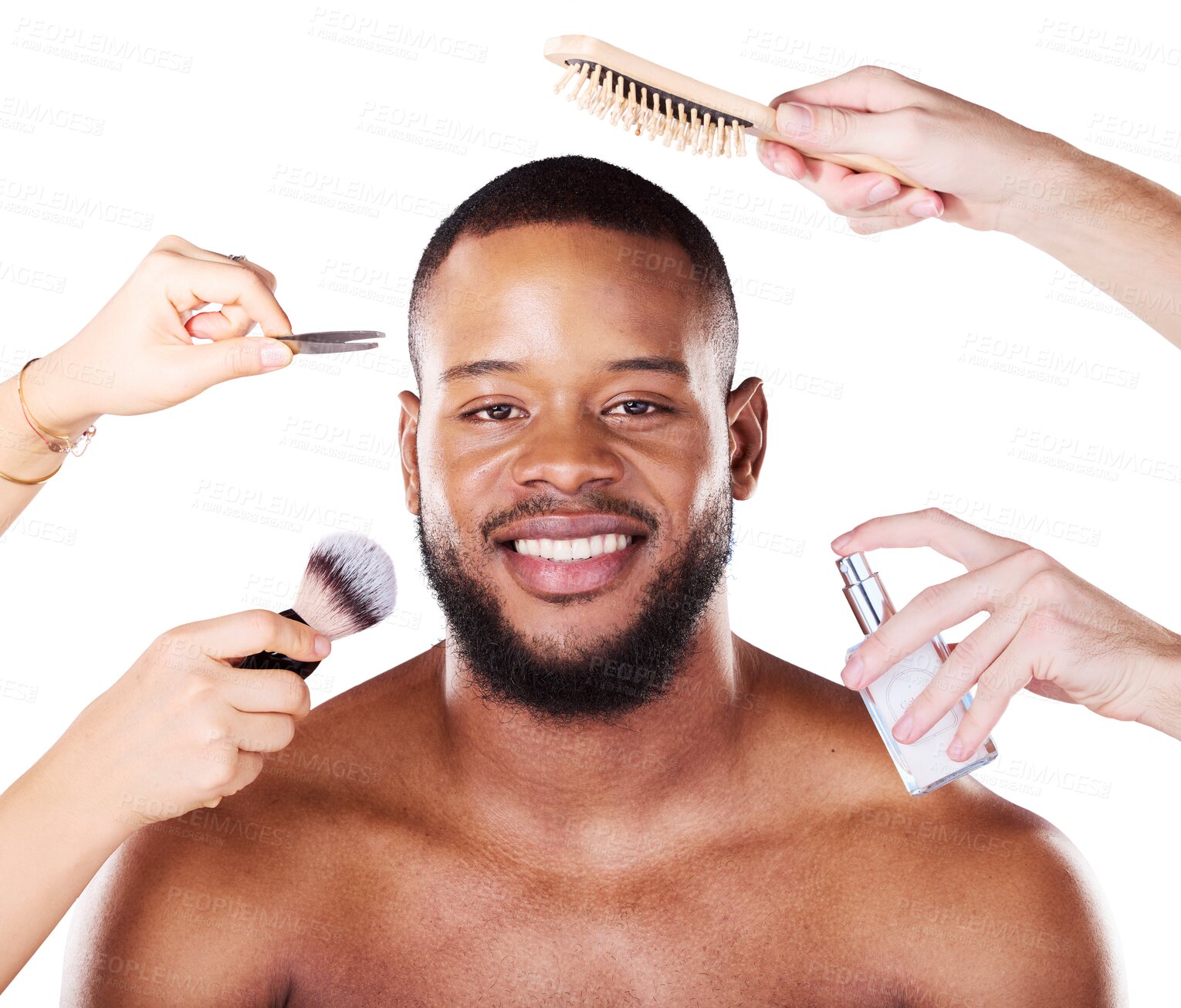 Buy stock photo Many hands grooming face of black man, beauty products or salon treatment. Skincare, portrait and happy person at spa with perfume, brush and tweezer for health isolated on transparent png background