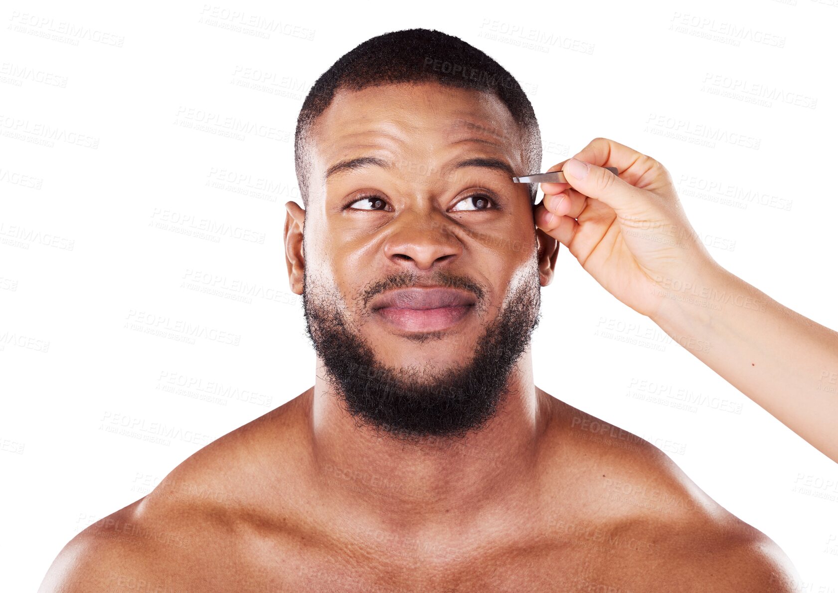 Buy stock photo Man, beauty and grooming with tweezers for eyebrows, face and epilation. African person, model and uncertain expression with treatment, removal and hair on isolated or a transparent png background