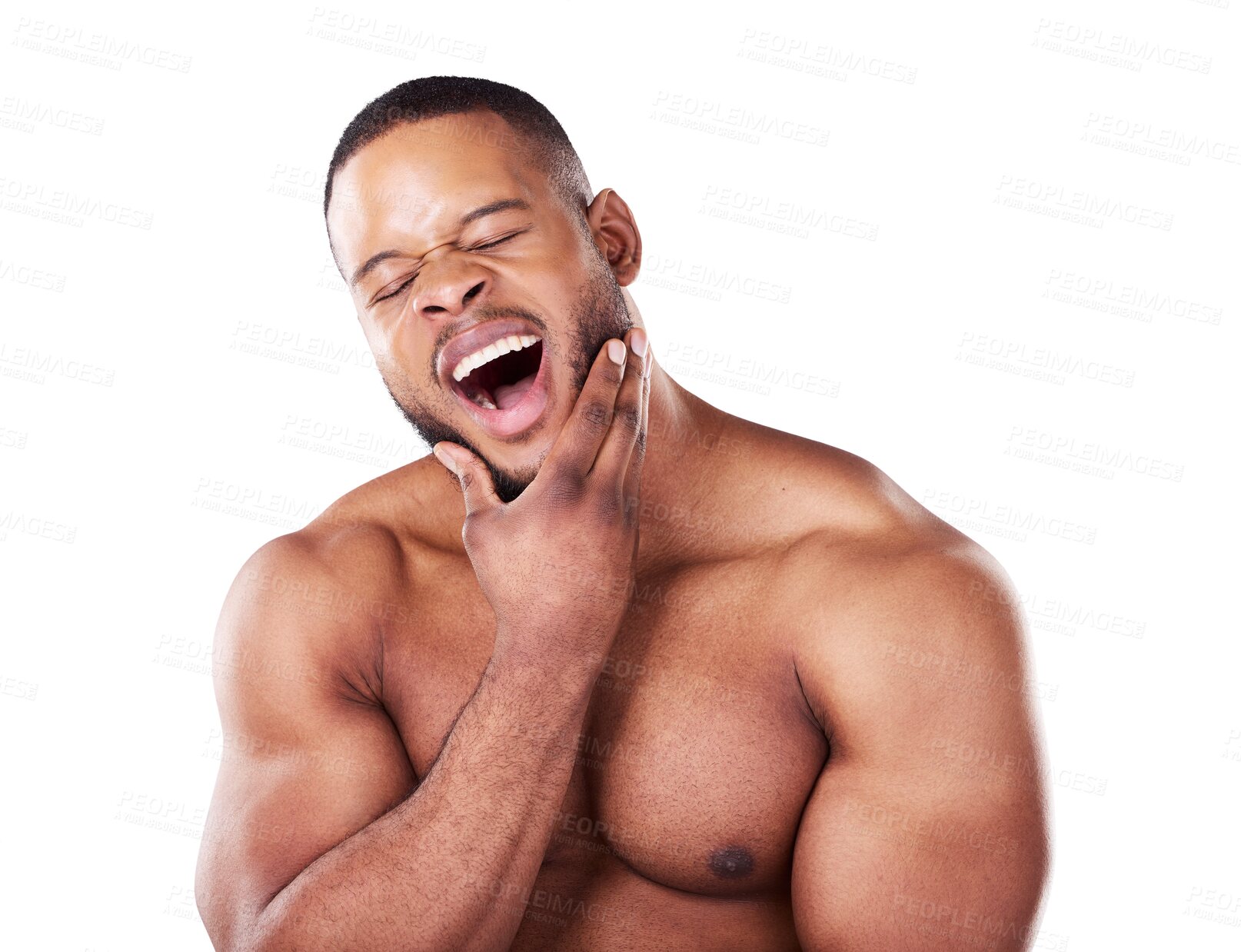 Buy stock photo Tired, yawn and face of black man with fitness, wellness and muscle for exercise isolated on png transparent background. Health, model and an African person with fatigue from workout or training