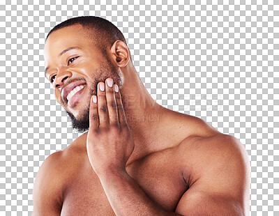 Buy stock photo Cosmetics, face and black man with skincare, muscle and wellness isolated on a png transparent background. Male person, model and guy with treatment for dermatology, aesthetic and health with smile