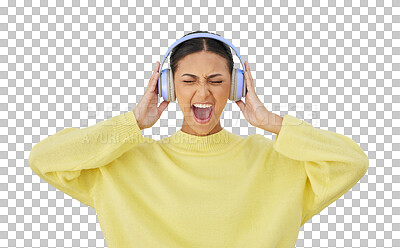 Buy stock photo Woman, screaming and headphones or singing, fun and streaming radio or audio, sound and playlist. Female person, isolated and listening to music, song and podcast on transparent png background