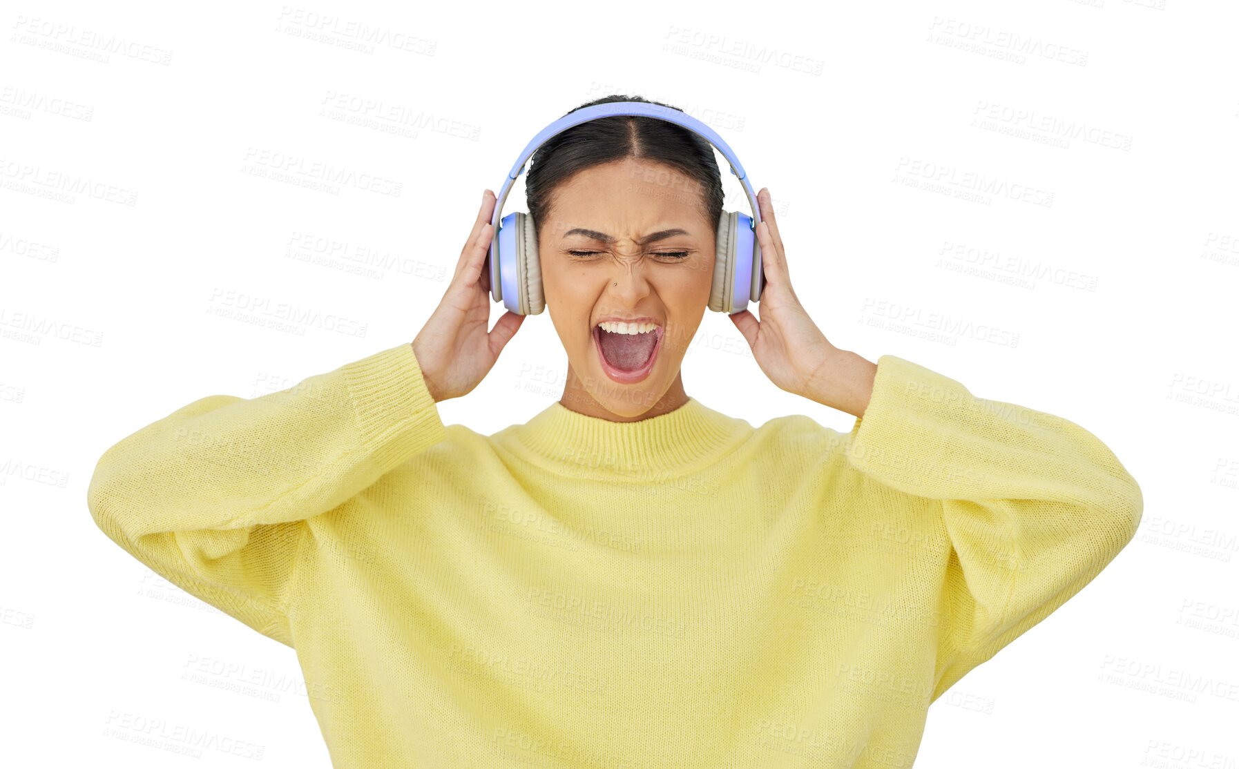 Buy stock photo Woman, screaming and headphones or singing, fun and streaming radio or audio, sound and playlist. Female person, isolated and listening to music, song and podcast on transparent png background