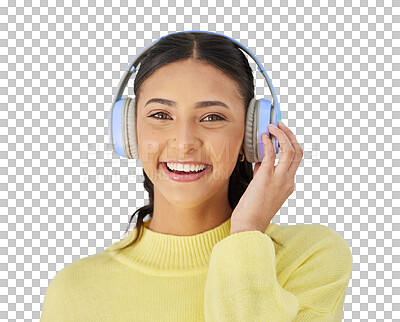 Buy stock photo Woman, smile and headphones in portrait, happy and streaming radio or audio, sound and playlist. Female person, isolated and listening to music, song and podcast on transparent png background for fun