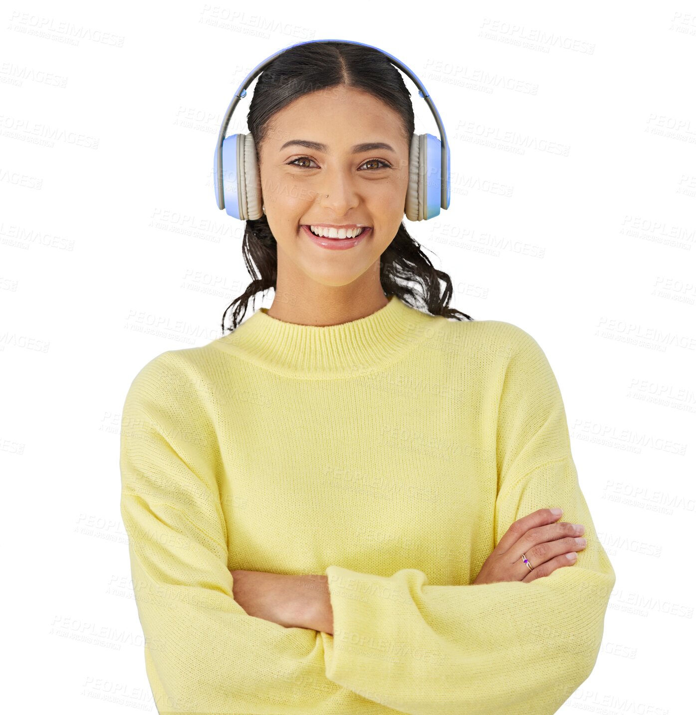 Buy stock photo Woman, smile and headphones in portrait, confidence and pride with arms crossed, streaming radio and audio. Female person, isolated and hear the music, song and playlist on transparent png background