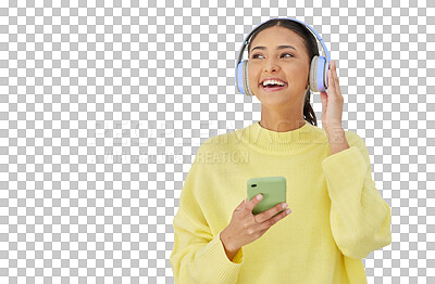 Buy stock photo Girl with smile, phone and headphones, streaming with mobile app and isolated on transparent png background. Happy woman, listening to music service and scroll online on smartphone, website or audio.