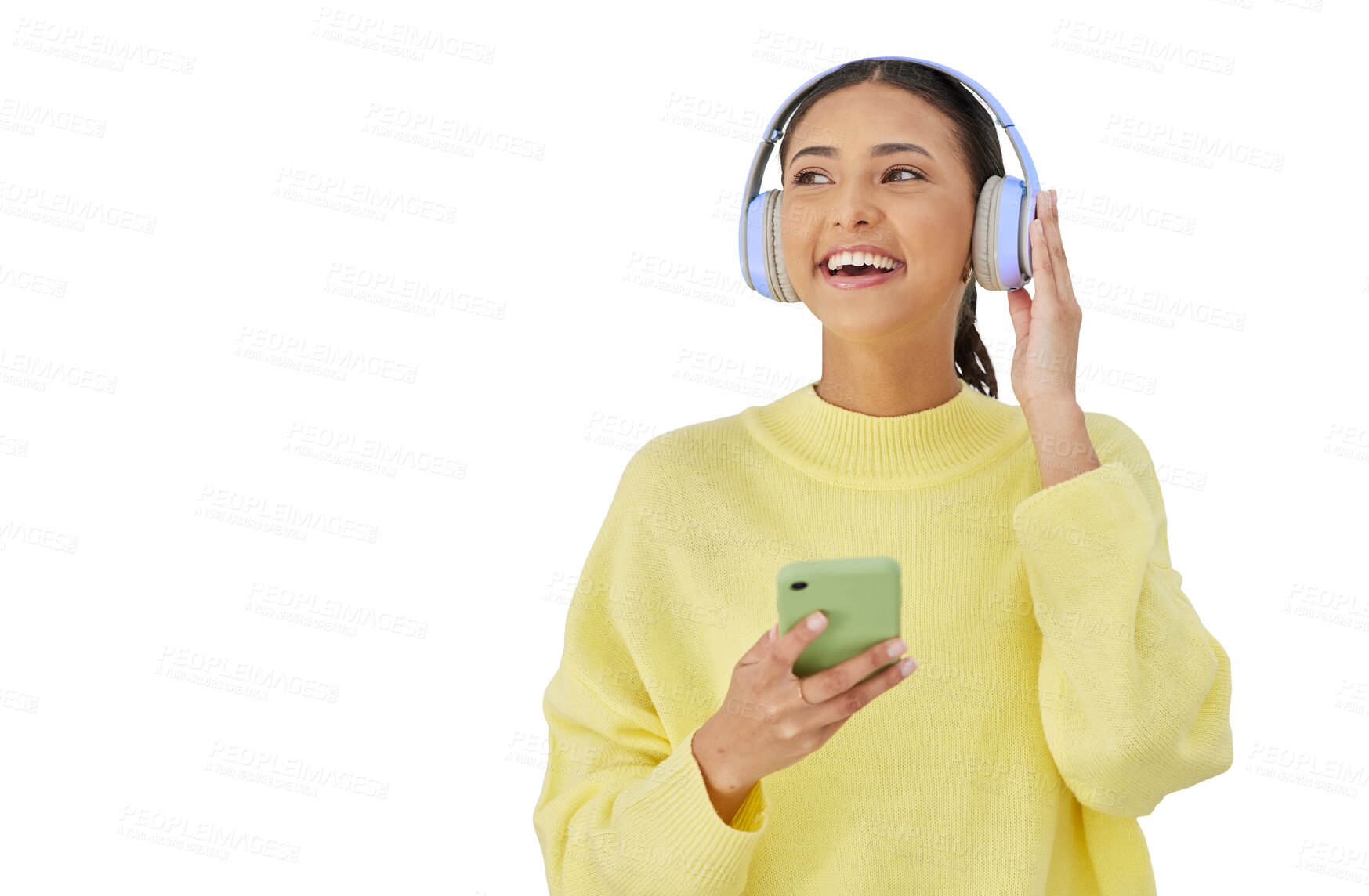 Buy stock photo Girl with smile, phone and headphones, streaming with mobile app and isolated on transparent png background. Happy woman, listening to music service and scroll online on smartphone, website or audio.