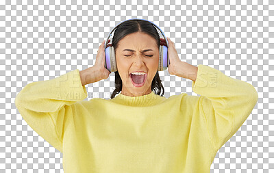 Buy stock photo Woman, scream and headphones in portrait, fun and streaming radio or audio, sound and playlist. Female singer person, isolated and listening to music, song and podcast on transparent png background