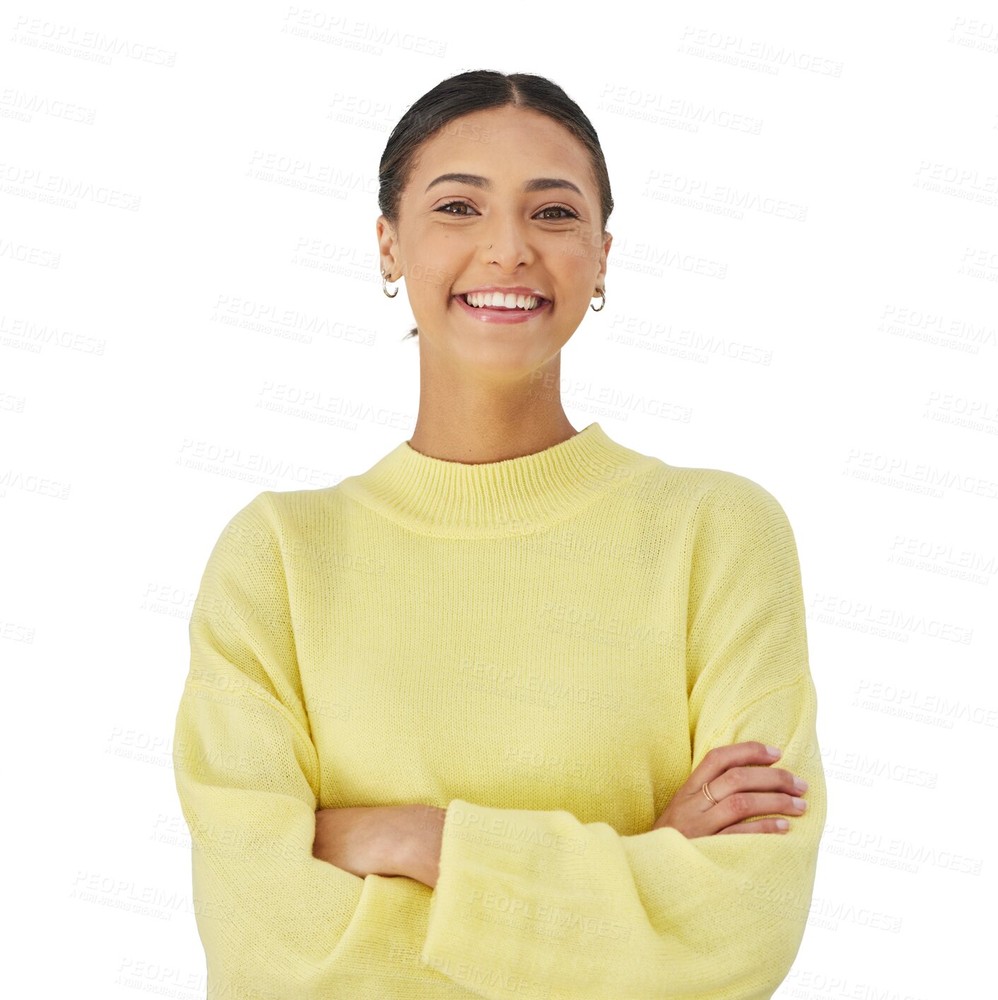 Buy stock photo Smile, portrait and woman with arms crossed, fashion and youth mindset isolated on png transparent background. Confidence, pride and happy face of girl with beauty, gen z style and positive attitude