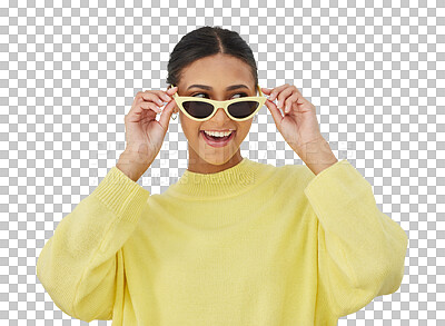 Buy stock photo Happy, sunglasses and young woman with fashion or casual, stylish and cool outfit isolated on a png transparent background. Smile, person and eyewear with trendy style, accessories or confidence