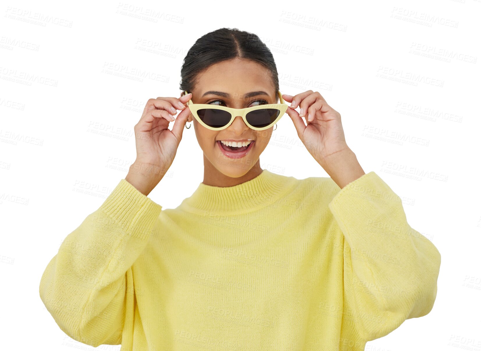 Buy stock photo Happy, sunglasses and young woman with fashion or casual, stylish and cool outfit isolated on a png transparent background. Smile, person and eyewear with trendy style, accessories or confidence