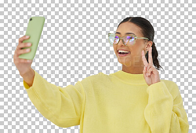 Buy stock photo Selfie, peace sign and a woman influencer with emoji hand gesture isolated on a transparent background.. Gen z, social media and happy young person or content creator posting a profile picture on PNG