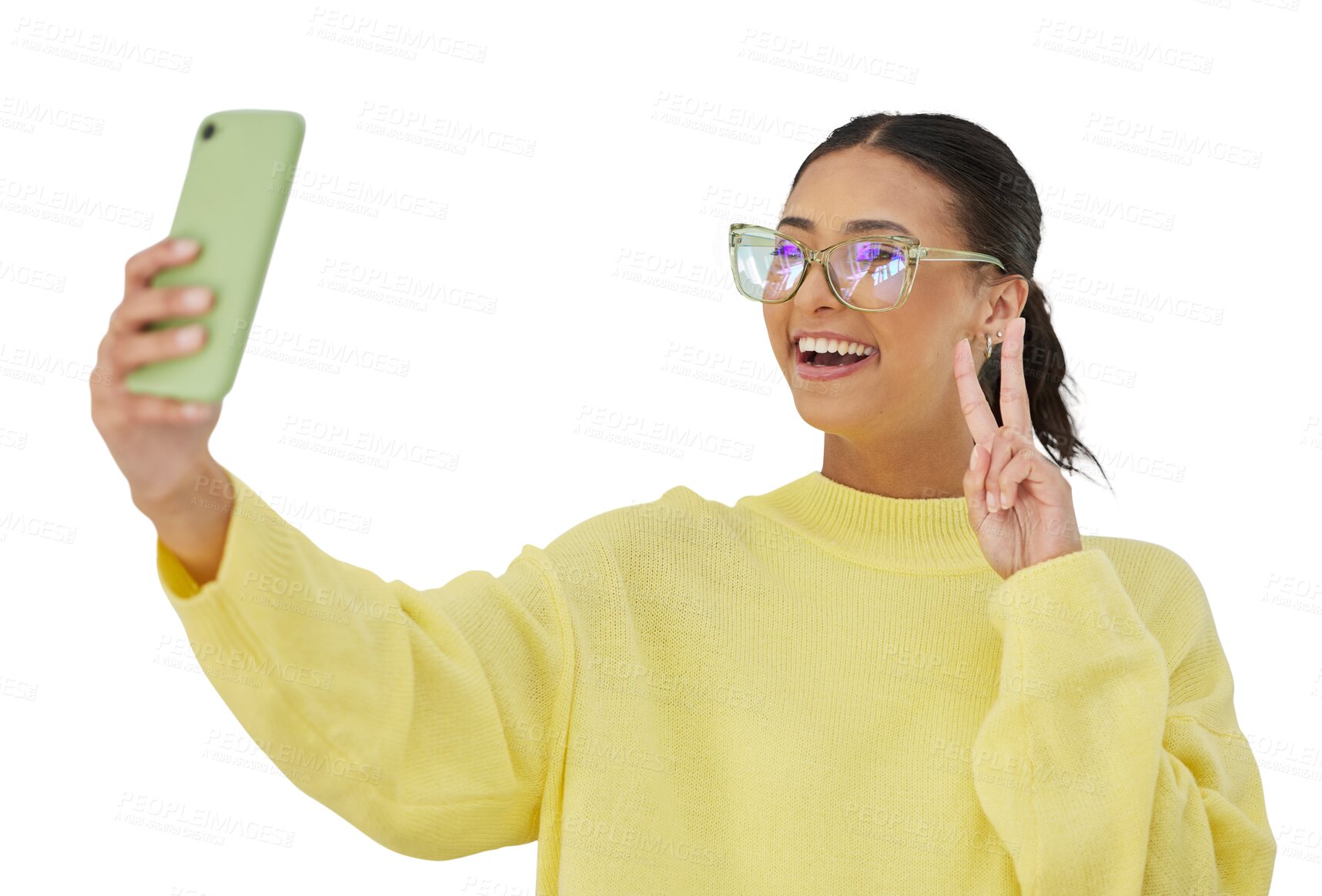 Buy stock photo Selfie, peace sign and a woman influencer with emoji hand gesture isolated on a transparent background.. Gen z, social media and happy young person or content creator posting a profile picture on PNG