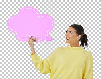 Buy stock photo Social media, happy and woman with speech bubble for opinion, advertising and information. Poster, billboard and isolated person for feedback, announcement and voice on png transparent background