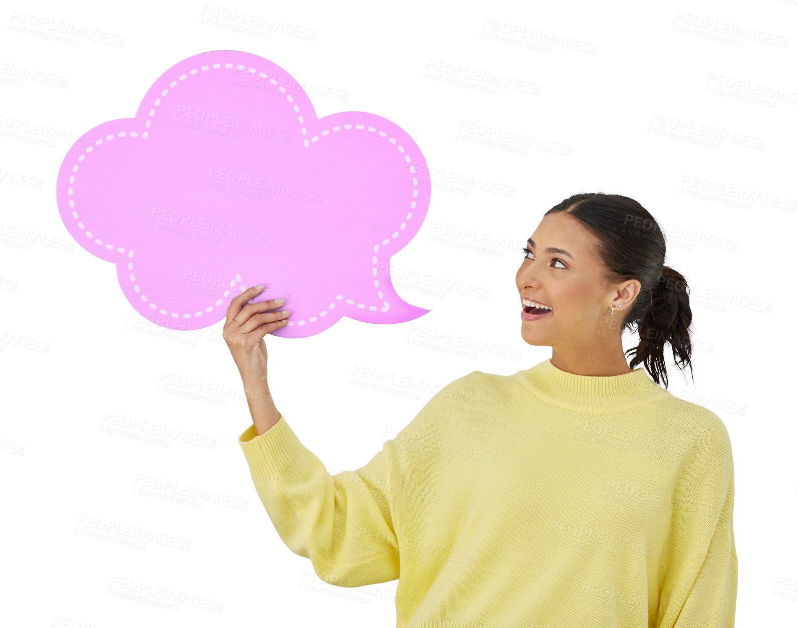 Buy stock photo Social media, happy and woman with speech bubble for opinion, advertising and information. Poster, billboard and isolated person for feedback, announcement and voice on png transparent background