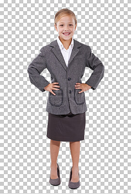 Buy stock photo Portrait of girl child in business suit, smile and future career isolated on transparent png background. Happy kid, little businesswoman and pretend professional with dream job in corporate clothes.