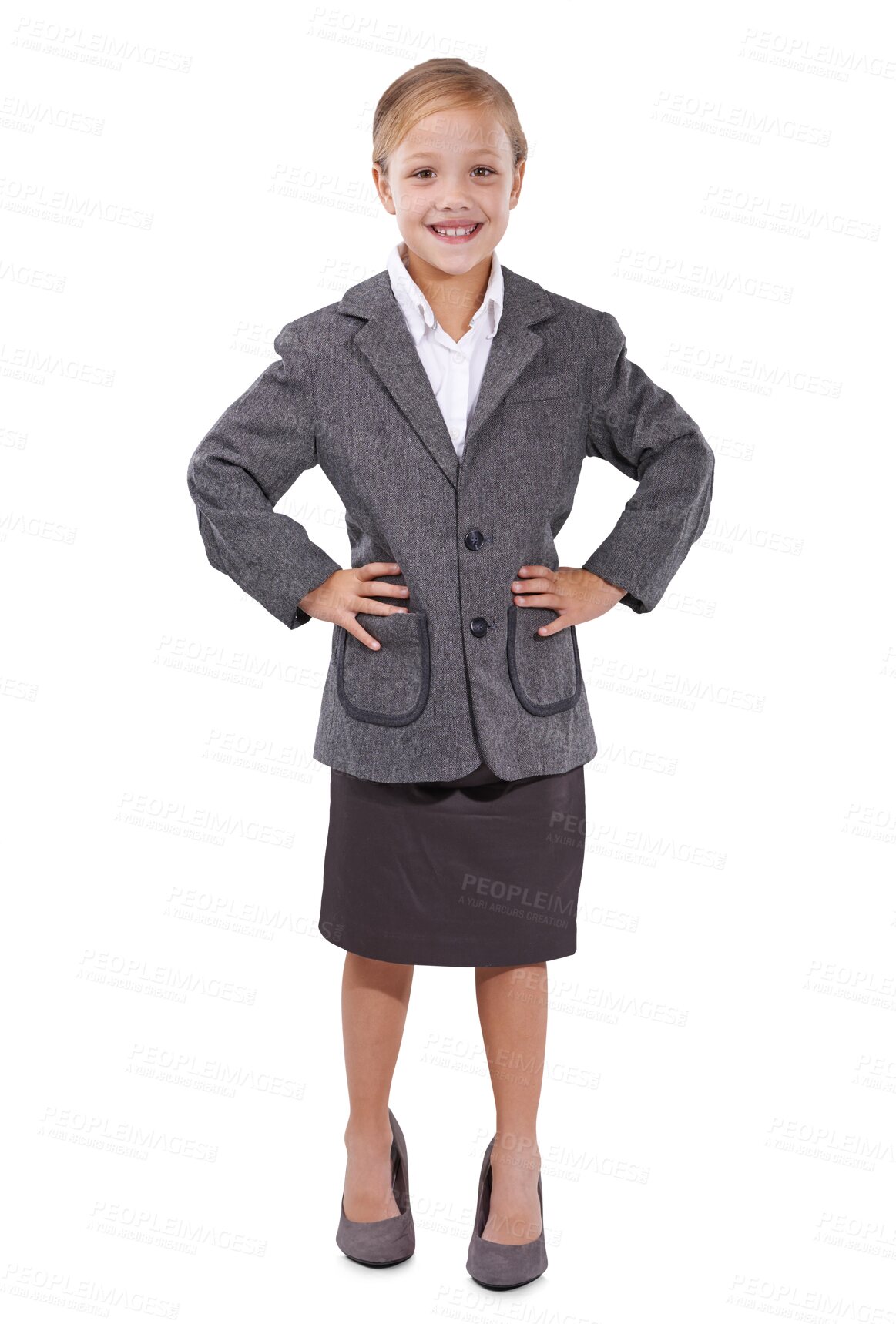 Buy stock photo Portrait of girl child in business suit, smile and future career isolated on transparent png background. Happy kid, little businesswoman and pretend professional with dream job in corporate clothes.