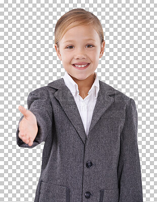 Buy stock photo Portrait, girl and child with handshake, business suit and costume isolated on a transparent background. Face, person and kid with hand gesture, greeting and hello with welcome, png and agreement