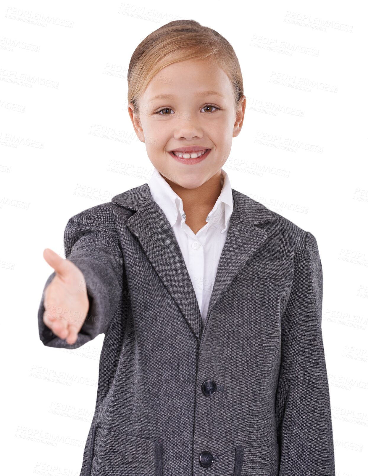 Buy stock photo Portrait, girl and child with handshake, business suit and costume isolated on a transparent background. Face, person and kid with hand gesture, greeting and hello with welcome, png and agreement