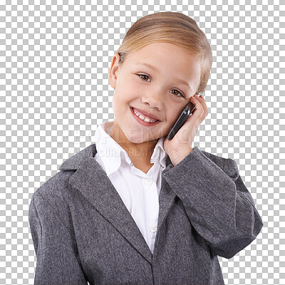 Buy stock photo Portrait of child in business, phone call and smile for future career isolated on transparent png background. Happy girl kid, little businesswoman or pretend professional on smartphone for networking