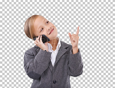 Buy stock photo Child in business suit, phone call and conversation for future career isolated on transparent png background. Happy girl kid, little businesswoman or pretend professional on smartphone for networking