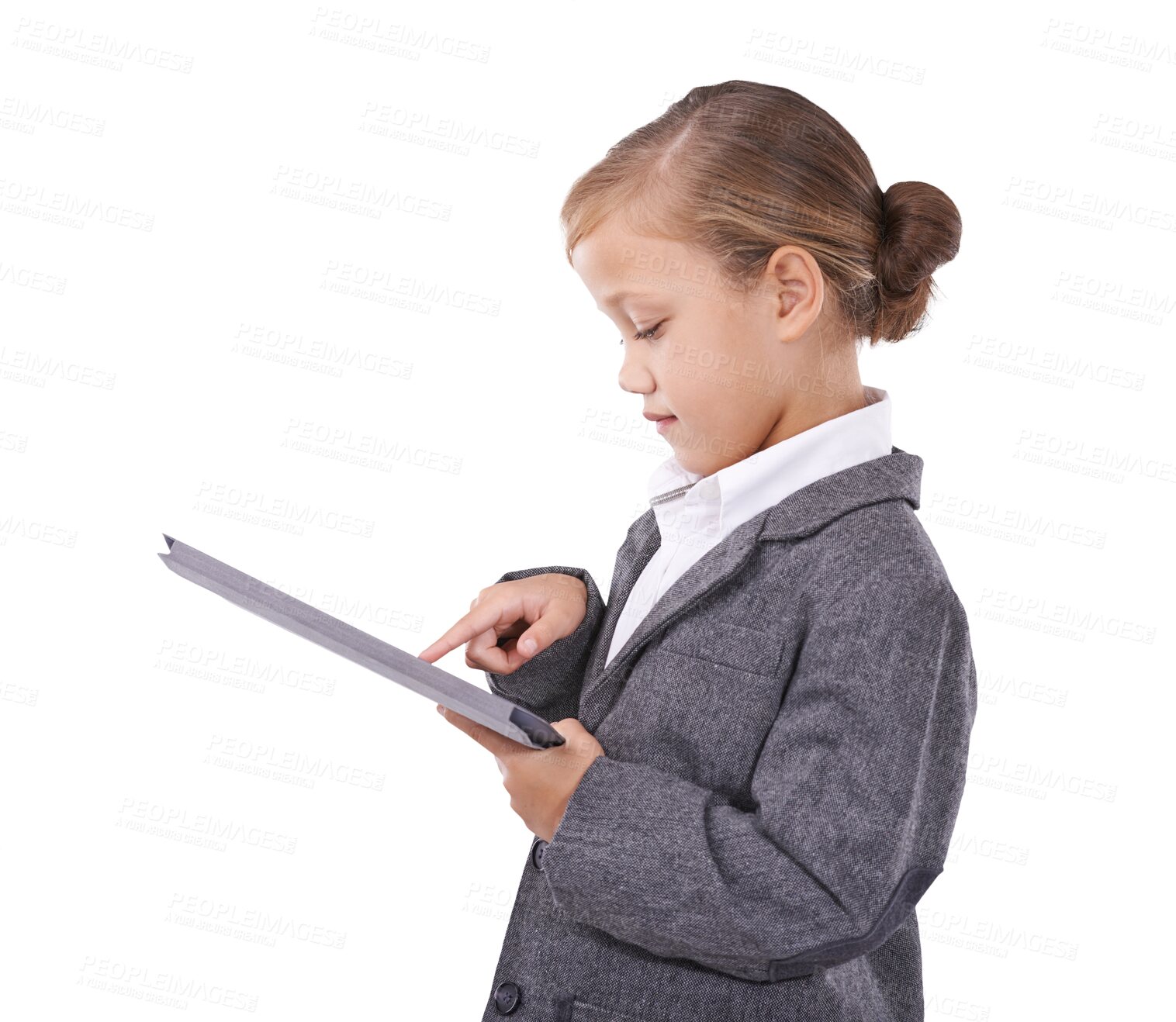 Buy stock photo Girl child in business suit, tablet and networking for future career isolated on transparent png background. Profile of kid, little businesswoman or pretend professional on digital communication.