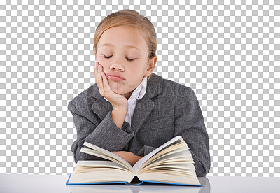 Buy stock photo Kid in business suit, sleeping at desk in office and book, tired or relax isolated on a transparent png background. Girl child, worker rest on table or fatigue, exhausted after learning or education