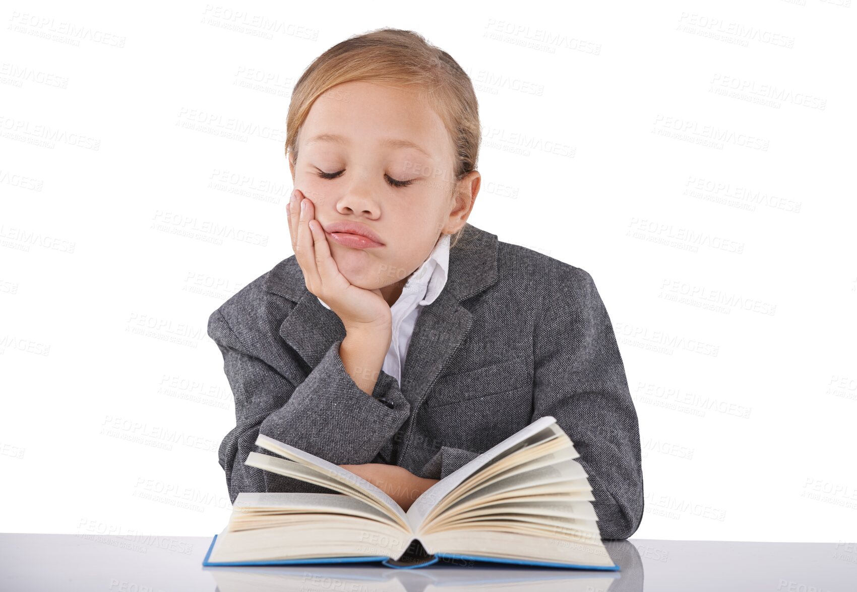 Buy stock photo Kid in business suit, sleeping at desk in office and book, tired or relax isolated on a transparent png background. Girl child, worker rest on table or fatigue, exhausted after learning or education