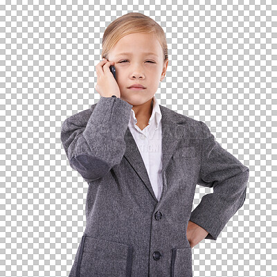 Buy stock photo Child in business suit, phone call and serious conversation for future job isolated on transparent png background. Girl kid, little businesswoman or pretend professional on smartphone for networking.