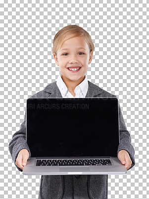 Buy stock photo Child, portrait and business suit or laptop outfit for future boss dream, isolated on transparent png background. Girl, face or smile or play study or work cosplay professional, funny or kindergarten