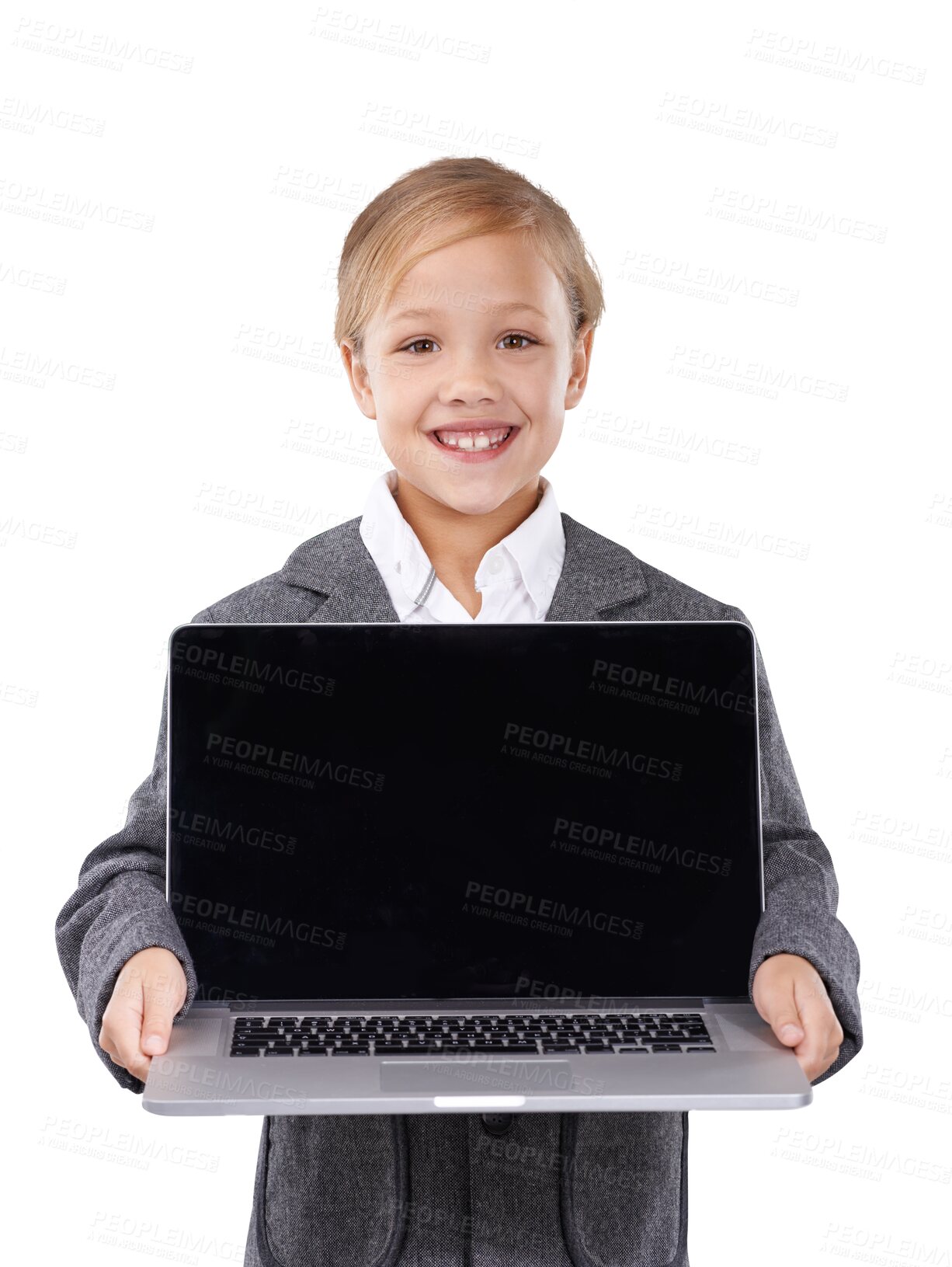 Buy stock photo Child, portrait and business suit or laptop outfit for future boss dream, isolated on transparent png background. Girl, face or smile or play study or work cosplay professional, funny or kindergarten