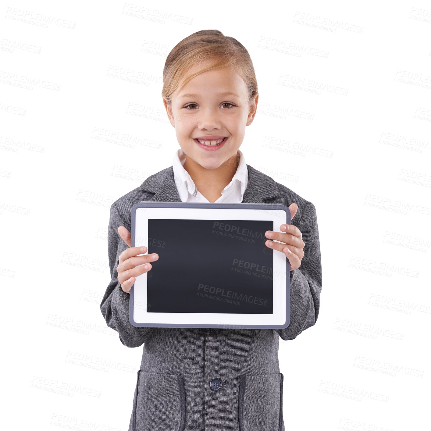 Buy stock photo Portrait, tablet and a girl kid in a suit isolated on a transparent background for business or website advertising. Technology, smile and marketing with a happy young child on PNG for a presentation