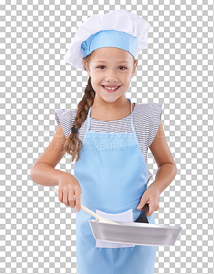 Buy stock photo Happy young girl, portrait and chef with pan for cooking isolated on a transparent PNG background. Female person, child or teen smile with wooden spoon and apron for hospitality, playing or job dream