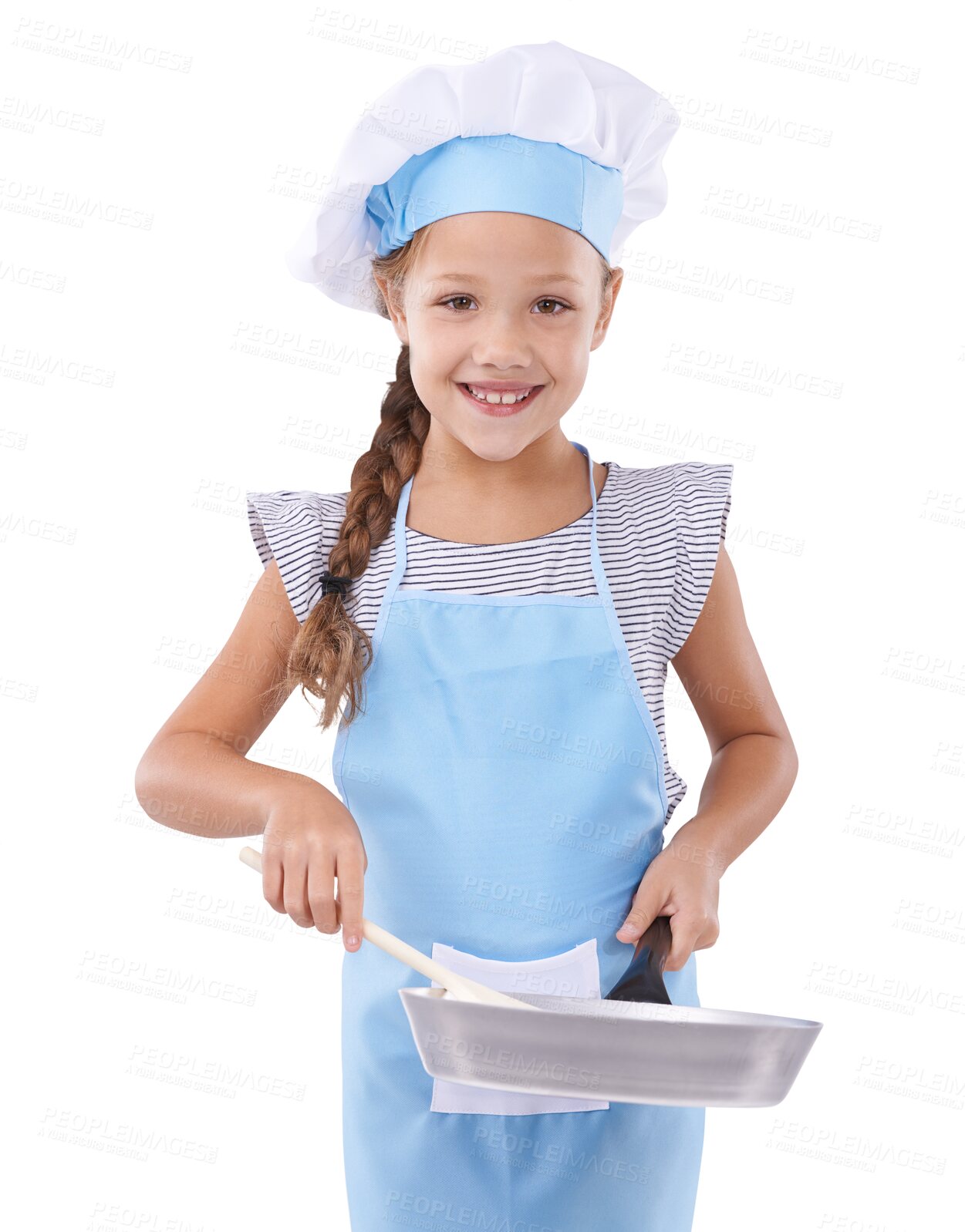 Buy stock photo Happy young girl, portrait and chef with pan for cooking isolated on a transparent PNG background. Female person, child or teen smile with wooden spoon and apron for hospitality, playing or job dream