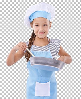 Buy stock photo Girl, smile and pretend chef in childhood, cooking and prepare food in imagination. Female child, learning and development in portrait, pan and play, fun and isolated on transparent png background