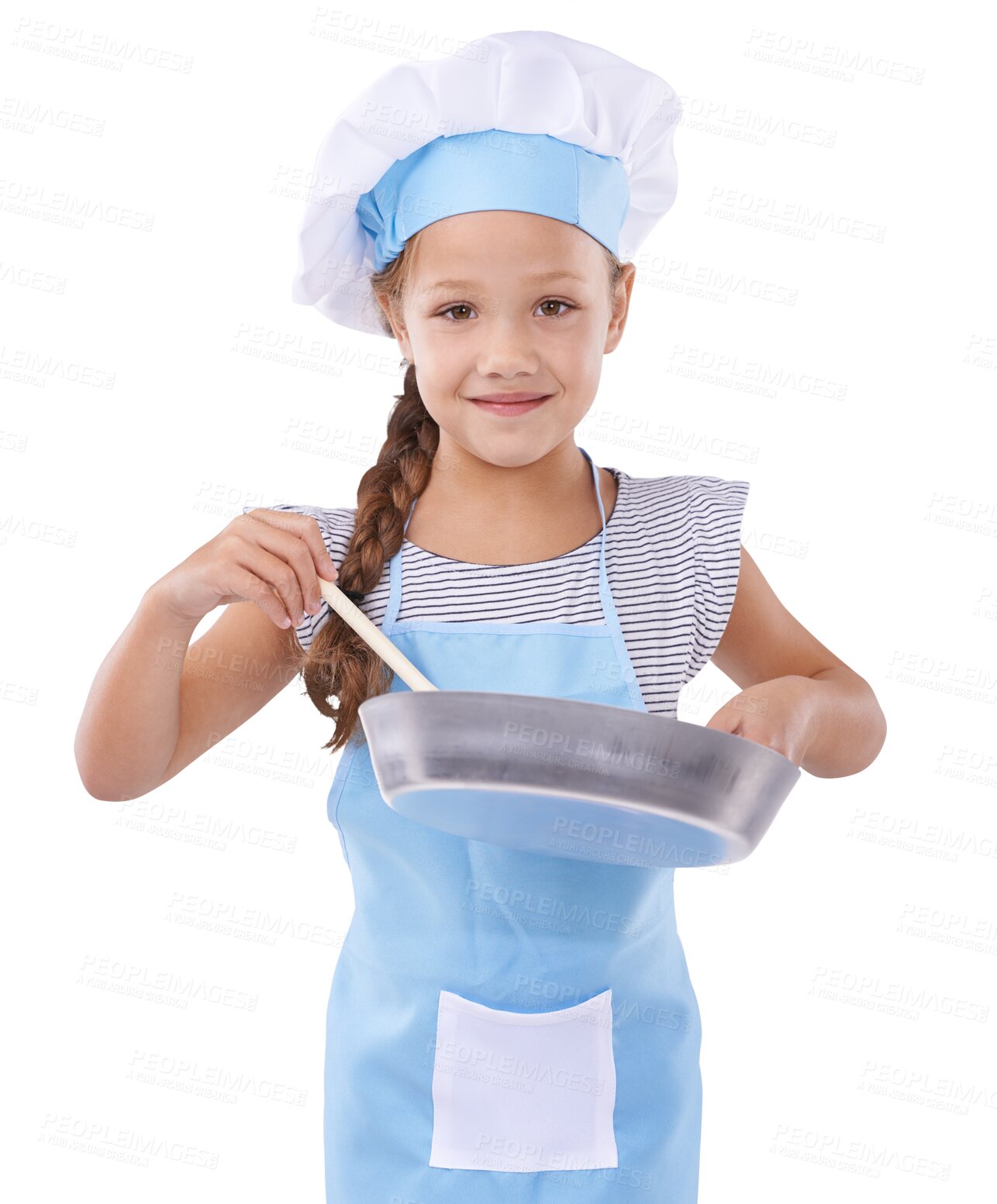 Buy stock photo Girl, smile and pretend chef in childhood, cooking and prepare food in imagination. Female child, learning and development in portrait, pan and play, fun and isolated on transparent png background