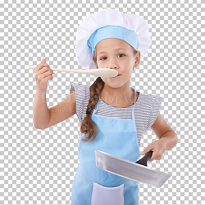 Buy stock photo Young, girl and portrait or cooking chef play for childhood fun learning, isolated on transparent png background. Female person, kid and face for apron pan or spoon taste, culinary skill or practice