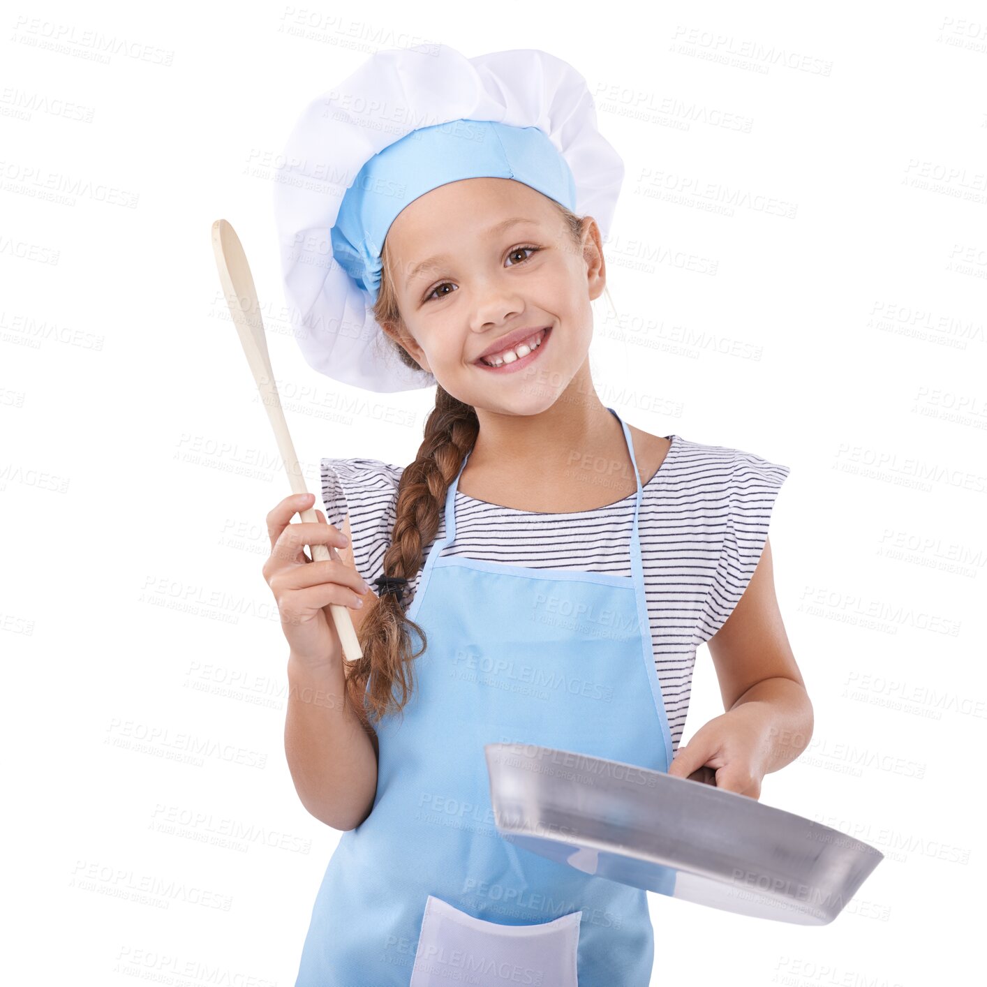 Buy stock photo Young, child and portrait or chef outfit play for cooking childhood fun, isolated on transparent png background. Female person, kid and face for apron pan or food spoon, culinary skill or practice