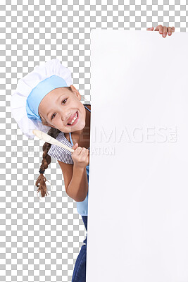 Buy stock photo Young, girl and chef or mockup board for cooking recipe or meal ingredients, isolated on transparent png background. Female person, child and face for culinary skills outfit, placard or advertising