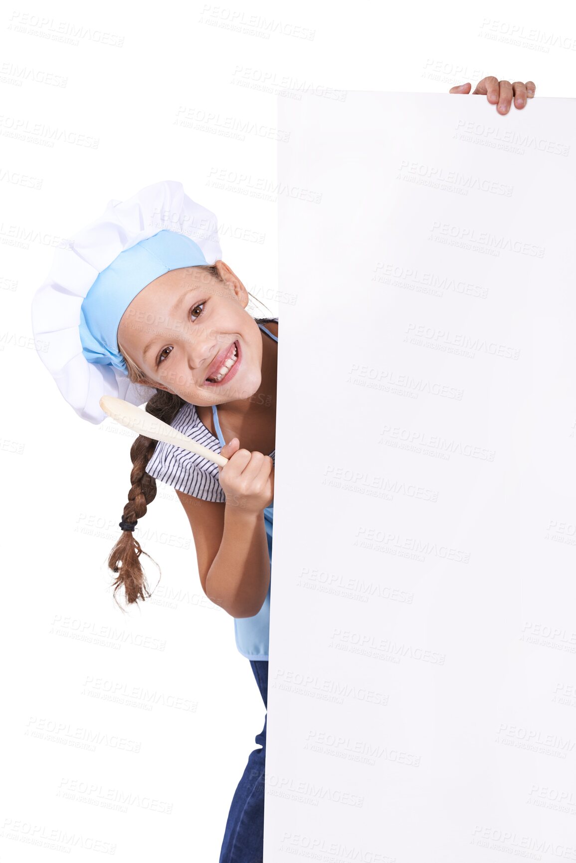 Buy stock photo Young, girl and chef or mockup board for cooking recipe or meal ingredients, isolated on transparent png background. Female person, child and face for culinary skills outfit, placard or advertising